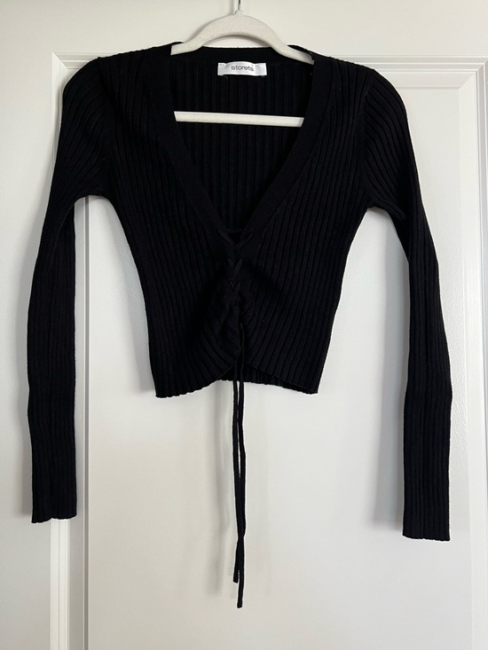storets Tops - storets Black Ribbed Lace-Up Knit Top